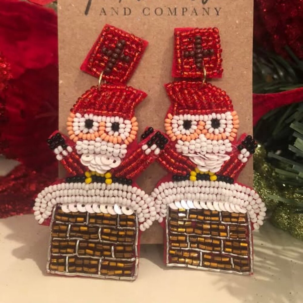 Santa in the Chimney Beaded Statement Holiday CHristmas Earrings NEW